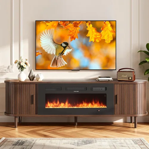 Miniatura 11 de MXV Soporte de TV con chimenea estriada de 70 ″, soporte de TV moderno de mediados de siglo con chimenea de 36 pulgadas para televisores de hasta 80