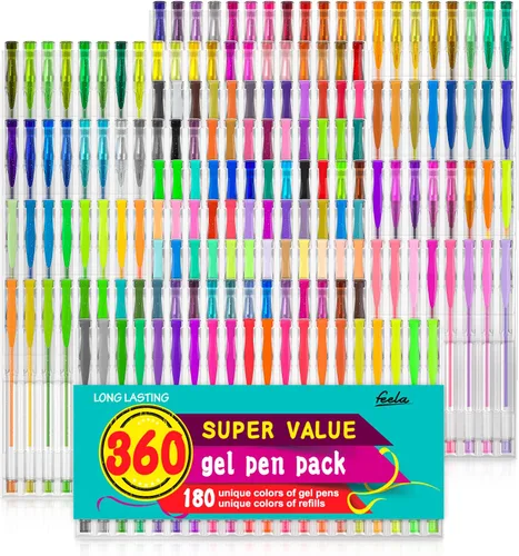 Feela - Juego de plumas de gel de 360 colores, 180 plumas de gel y 180 recambios para libros de colorear para adultos