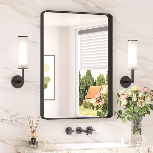 Miniatura 35 de Keonjinn Espejos de baño negros para sobre el fregadero, espejos cuadrados grandes de 36 x 36 pulgadas para pared, espejo rectangular redondeado