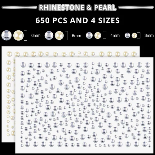 Miniatura 4 de 1550 calcomanías de diamantes de imitación y perlas de 0.118-0.236 in, gemas transparentes y coloridas, perlas beige, gemas adhesivas para la cara