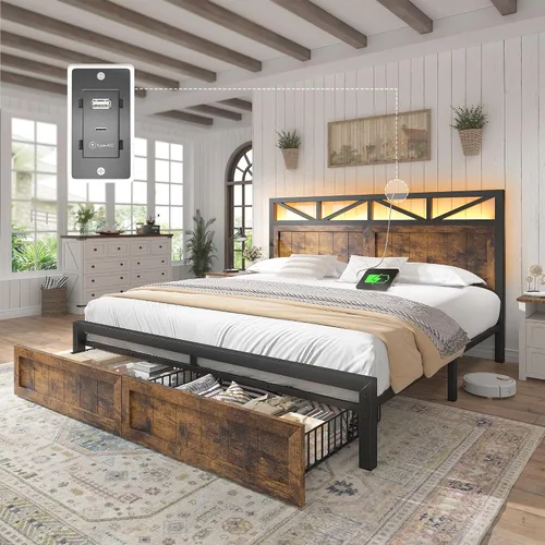 Miniatura 17 de EnHomee Marco de cama King de metal con 2 cajones de almacenamiento, cabecera de madera con iluminación LED y estación de carga, dormitorio, Negro