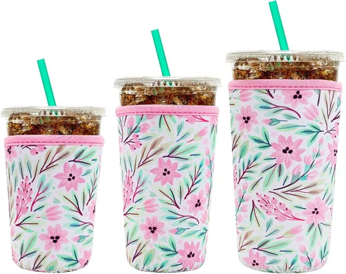 Miniatura 14 de YR Funda aislante de neopreno reutilizable para tazas de café helado, paquete de 3 fundas para bebidas heladas y calientes, enfriador de bebidas