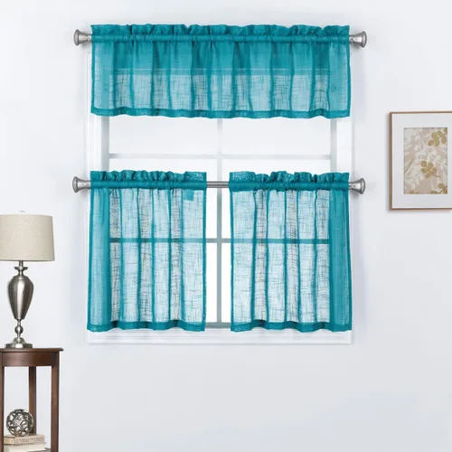 Miniatura 9 de Juego de 3 cortinas de lino con textura para ventana de cocina y cafetería, 24 pulgadas de largo, color negro