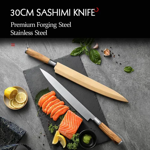 Miniatura 9 de HEZHEN Cuchillo Sashimi de 11.811 in, cuchillo de yanagiba de acero forjado, rebanado de sushi, estuche de cuchillo de mango de madera