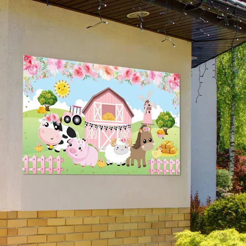 Miniatura 4 de Tatuo Pancarta de fondo de decoración de cumpleaños de granja rosa, tamaño grande, 3.6 x 6 pies, pancarta de fondo de animales de granero para baby