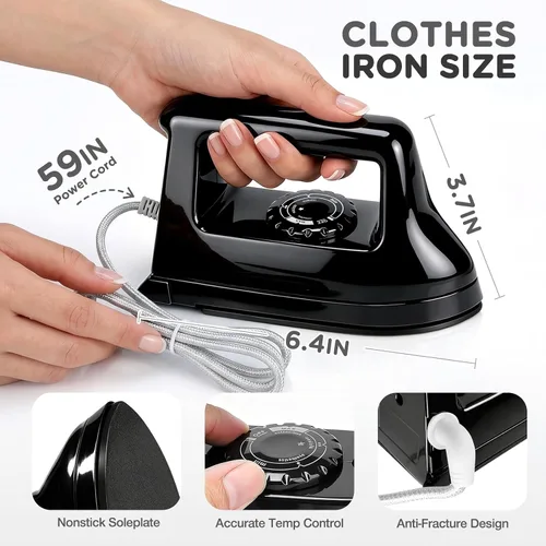 Miniatura 2 de Mini plancha para ropa, plancha de viaje, pequeña máquina eléctrica de prensa de calor para manualidades de camisetas, plancha portátil para la Negro