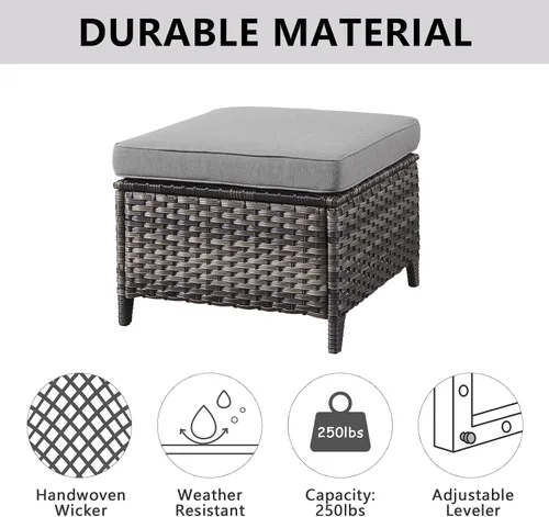 Miniatura 5 de Belord Juego de 2 taburetes otomanos de mimbre de ratán para todo tipo de clima, con cojines suaves para muebles de patio Cojín de mimbre gris/gris