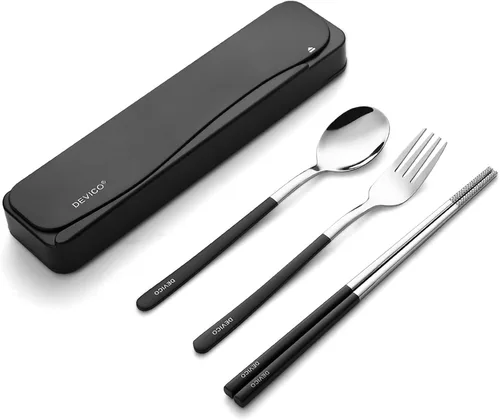 Miniatura 11 de DEVICO Utensilios de viaje, juego de cubiertos de acero inoxidable 18/8, 4 piezas, juego portátil y reutilizable para camping, incluye tenedor, Rojo