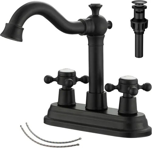 Grifo de baño negro mate con 2 asas de 4 pulgadas, juego central de tocador de baño negro con montaje de drenaje y manguera de suministro grifo de