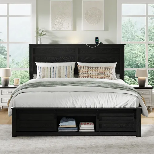 Base de cama tamaño matrimonial con cabecero de madera, estructura de cama de plataforma de madera con estribo de puerta corrediza de granero y