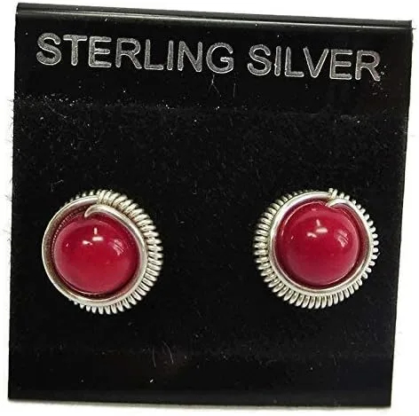 Miniatura 2 de Red Coral & Sterling Silver Coiled Stud Post Wire-Wrapped Earrings
