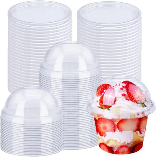 Alaeseje Paquete de 50 Vasos Desechables de Plástico Transparente de 8oz con Tapas de Cúpula (Agujero en la Tapa), Vasos de Postre PET, Cuencos