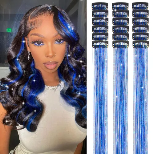 Miniatura 18 de Paquete de 12 extensiones de cabello de oropel con clip, 24 pulgadas, accesorios para el cabello de hada brillante para niñas y mujeres, fiesta