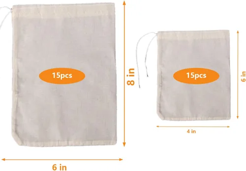 Miniatura 2 de 30 piezas de bolsas de especias de algodón natural para cocinar: 4x6, 6x8 Filtros de té reutilizables con cordón, ideales para colar sopas, bolsitas