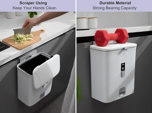 Miniatura 5 de Sooyee Bote de basura con tapa, cubo de basura pequeño de 2.4 galones, contenedor de plástico para abono colgante o de pie para Blanco
