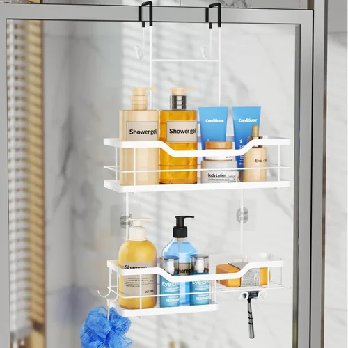 Miniatura 10 de Consumest Organizador de ducha para puerta, estantes de ducha de 2 niveles para colgar con soportes para jabón, organizador de ducha de gran