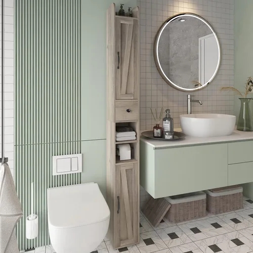 Armario de baño con estante ajustable, armario de almacenamiento para espacio pequeño, armario de almacenamiento alto con barra de papel higiénico