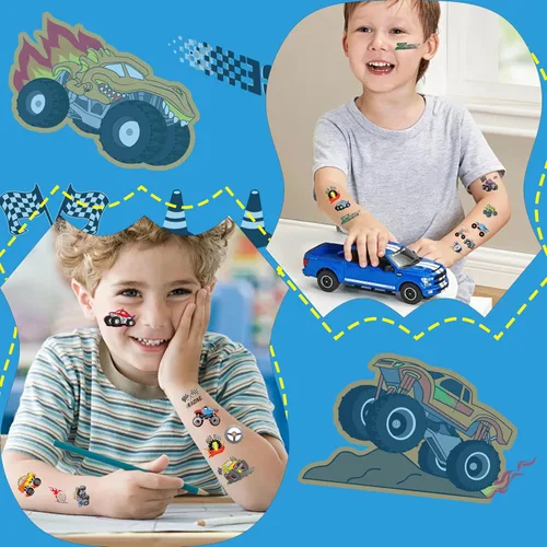 Miniatura 3 de 150 tatuajes temporales precortados de Monster Truck Race Car para niños Recuerdos de fiesta de cumpleaños temáticos súper lindos, suministros