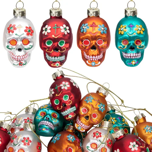 12 piezas de adornos de vidrio del Día de los Muertos - Adornos de calavera de azúcar del Día de los Muertos - Adorno de cabeza de esqueleto