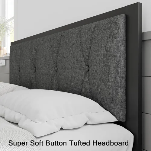 Miniatura 3 de Einhomn - Base de cama de tamaño completo de metal, cama de plataforma con cabecera tapizada con botones, 30 cm de almacenamiento debajo de la cama
