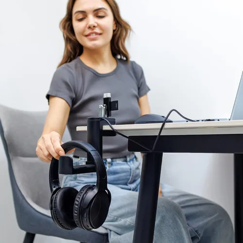 Miniatura 2 de KIWIFOTOS Soporte para auriculares con 4 puertos USB, soporte para auriculares para juegos de PC, abrazadera de rotación de 360 grados, soporte
