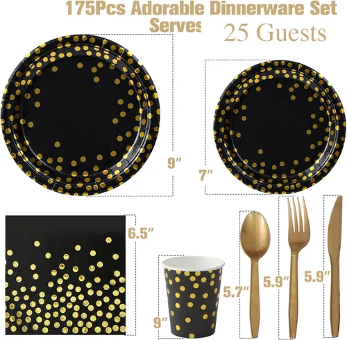Miniatura 2 de 175 platos desechables, platos de papel para fiestas, el juego de vajilla incluye 25 platos llanos de 9 pulgadas de diámetro, 25 platos de postre