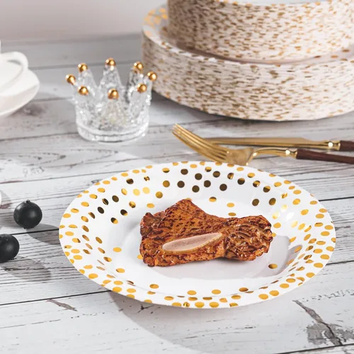 Miniatura 6 de Lullaby 120 piezas de platos de papel blancos, platos de papel dorado desechables, 60 piezas de platos de cena de 9", 60 piezas de platos de postre