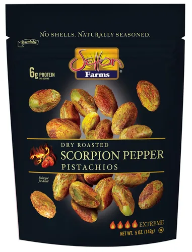 Setton Farms Pistachos, sabor extremo de pimienta escorpión, sazonado naturalmente, tostado en seco sin cáscara, proyecto verificado sin OMG, sin