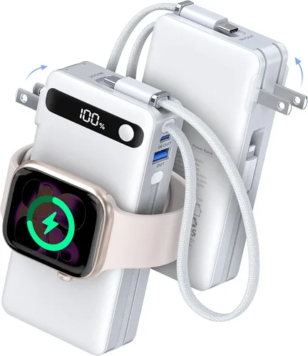 Miniatura 10 de Cargador portátil con cables integrados y enchufe de pared, 50% más pequeño 10000 mAh, cargador de batería USB C de 22.5 W, batería esencial
