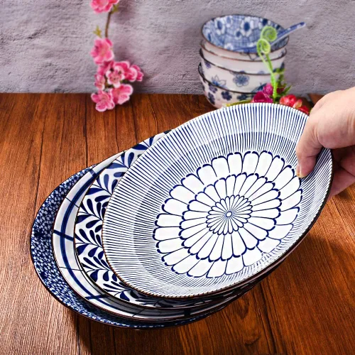 Miniatura 7 de Juego de 4 platos japoneses de cerámica blanca y azul de 8 pulgadas, platos grandes para aperitivos, pasta, postres y ensaladas, microondas, horno
