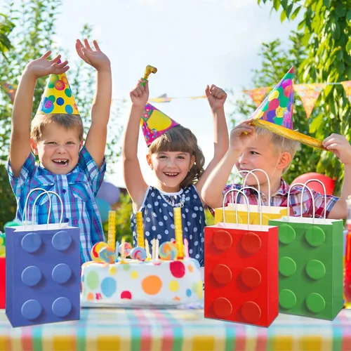 Miniatura 5 de Sabary 12 bolsas de regalo de bloques de construcción, bolsas de papel de dulces de ladrillos, bolsa de regalo con asa para bloque de construcción