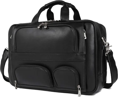 Miniatura 9 de Maletín de cuero de vaca superior para hombres, 17.3 pulgadas, maletín para computadora portátil con cremalleras de metal YKK, apto para viaje