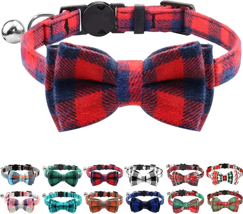 Miniatura 24 de Joytale Collar de gato mejorado con campanas, collares de gato separables con corbatín, 1 paquete de collares de gatito de cuadros de seguridad