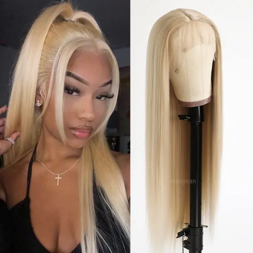 Miniatura 27 de Missyvan Pelucas de encaje frontal de cabello largo y lacio, color marrón natural, sin pegamento, castaño y rubio, pelucas sintéticas con encaje
