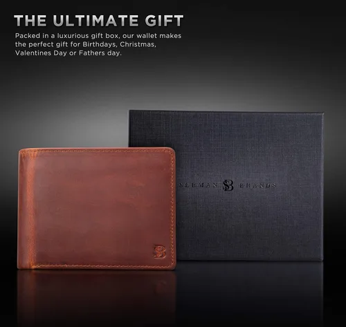 Miniatura 21 de SERMAN BRANDS Billetera de piel con 2 ventanas de identificación para hombre, con bloqueo RFID, doble tapa superior, billetera de viaje de capacidad