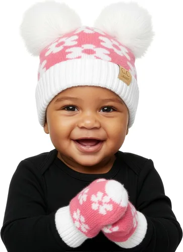 Miniatura 22 de Funky Junque Conjunto de gorro y mitones con doble pompón de pelo sintético para bebé – Gorro de invierno para recién nacidos de 0–9 meses