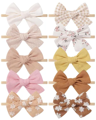 Miniatura 16 de doboi 10 diademas para bebé, lazos para el cabello, de nailon, algodón, lino, hechas a mano, accesorios para el cabello para recién nacidos, niñas