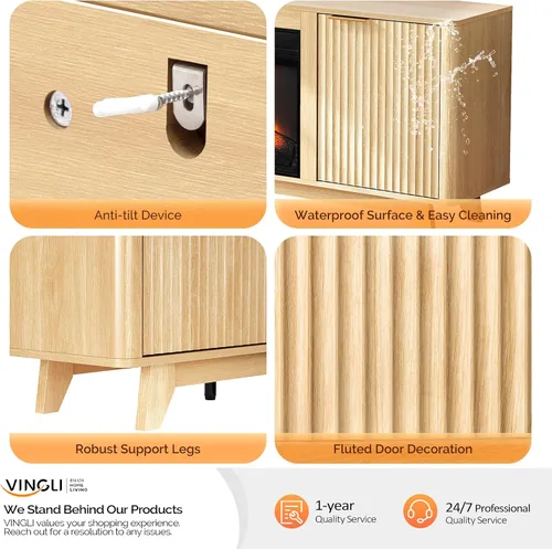 Miniatura 9 de VINGLI - Soporte de TV con chimenea para televisores de hasta 70 pulgadas, centro de entretenimiento acanalado con calefacción eléctrica y estantes