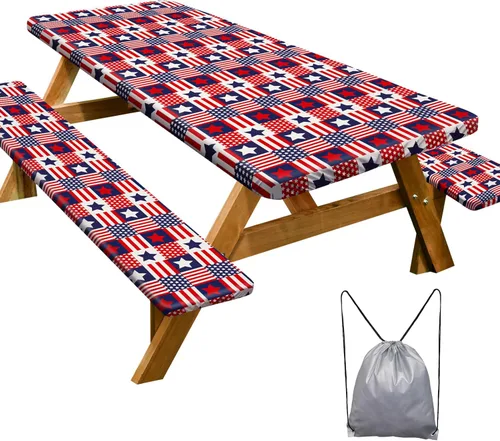 Miniatura 9 de Funda de mesa de picnic con fundas para bancos Esenciales de camping Mantel de picnic impermeable y a prueba de viento con bolsa de cordón, funda