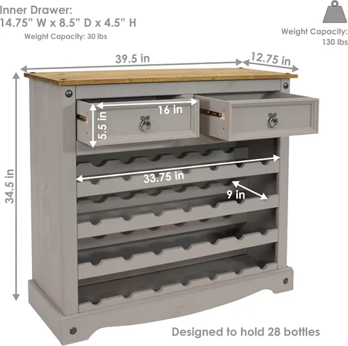 Miniatura 3 de Sunnydaze Mesa de estante de vino de pino macizo de 34.5 pulgadas de alto con 28 botellas, cuatro filas de 7 botellas, 2 cajones, tiradores de cajón