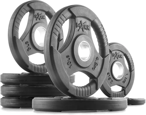 Miniatura 12 de XMARK TRI-GRIP - Par o juego de discos de peso olímpicos, pesas de ejercicio con revestimiento de goma para barra olímpica, juego de pesas