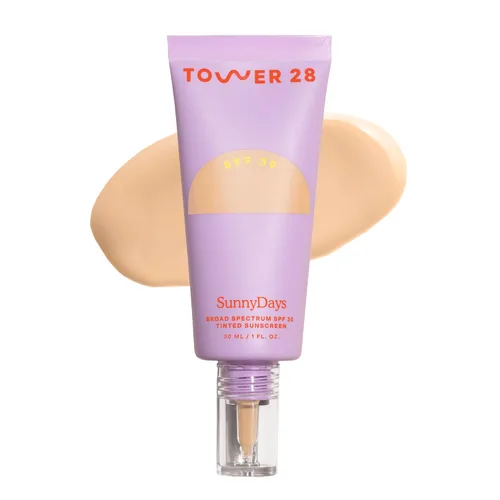 Tower 28 SunnyDays - Hidratante tintado SPF 30, base de cobertura 2 en 1 + protector solar mineral para cara, óxido de zinc, aloe y tuna para pieles