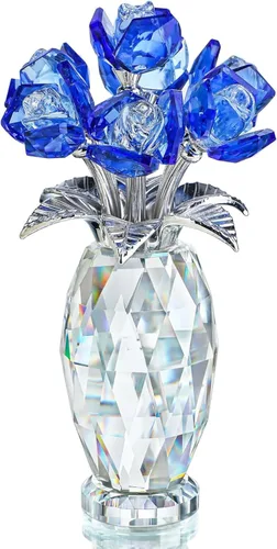 H&D HYALINE & DORA Peso de papel de rosa de cristal azul, regalos de flores de vidrio para mujeres, niñas, esposas, ramo de flores de cristal Azul 2