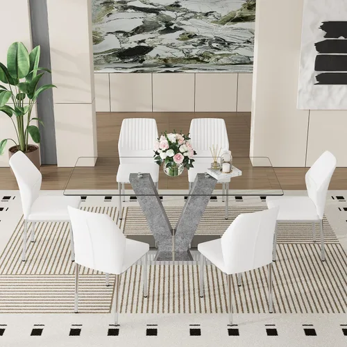 Miniatura 2 de Juego de mesa de comedor de cristal moderno de 71 pulgadas para 6, juego de mesa de comedor de 7 piezas con sillas y mesa de vidrio templado