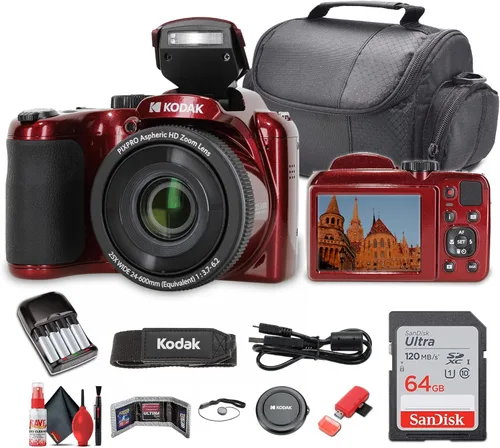 Kodak Pixpro AZ255 Cámara digital (AZ255RD) El paquete incluye: tarjeta de memoria de 64 GB, baterías recargables, funda, correa para el cuello,