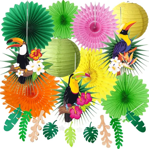 Miniatura 8 de Paper Jazz Decoraciones de fiesta hawaiana para cumpleaños, decoración de fiesta tropical para Tiki Bar, pancarta de Aloha con centro de mesa Luau