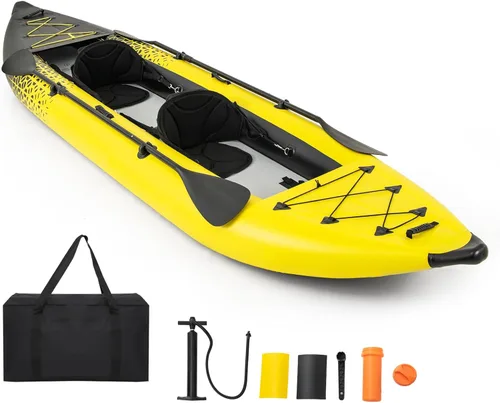 GYMAX Kayak inflable, kayak tándem de 12.5 pies y 507 libras con 2 remos de aluminio, 2 asientos acolchados, reposapiés, 2 aletas, bomba de mano,