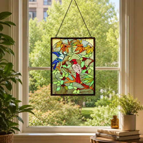 Miniatura 2 de BIeye W10052 Blue Jay and Cardinal on Branches Tiffany Style - Panel de vitral con cadena, forma rectangular, 18 pulgadas de ancho x 24 pulgadas