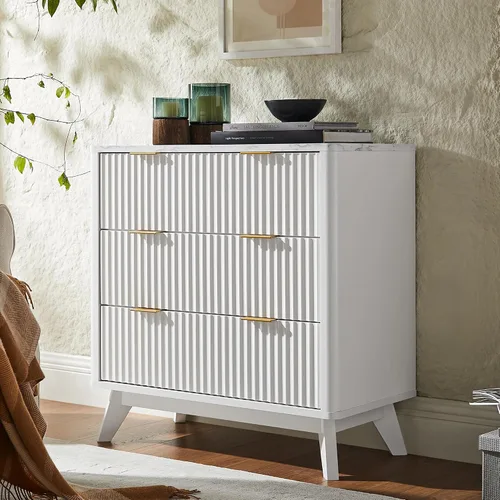 Miniatura 16 de T4TREAM Cómoda acanalada de 3 cajones, cómoda moderna de 32 pulgadas de alto, diseño de perfil curvo, organizador de cajones de madera para Aliso
