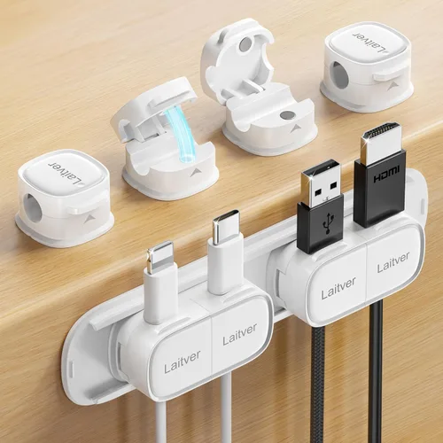 Miniatura 19 de Paquete de 6 clips magnéticos para cables [apertura/bloqueo en 1s], organizador y sujetador de cables Laitver con adhesivo fuerte para escritorio